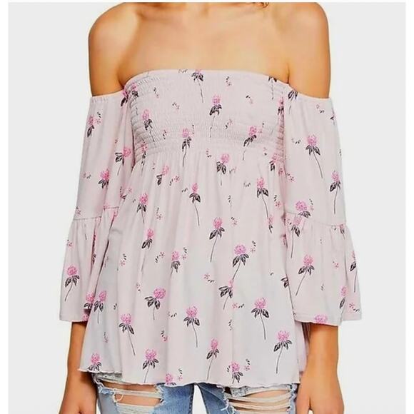 Free People Shirt Womens X Small Lana Pink Cloud Cherry Combo Off Shoulder Boho - Picture 1 of 11